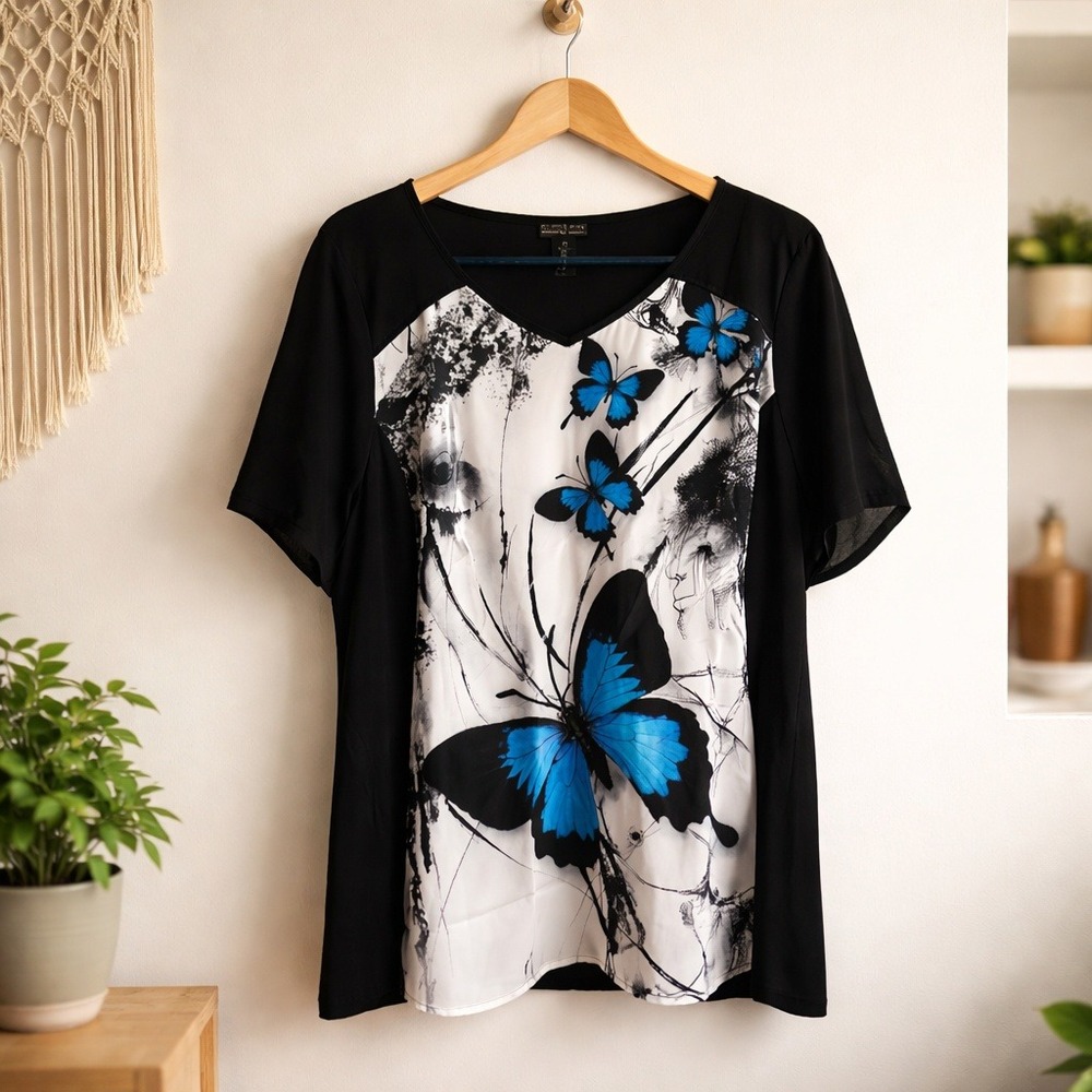 Simply Silk Women L Black Blue Butterfly Print 100% Silk V-Neck Top Large